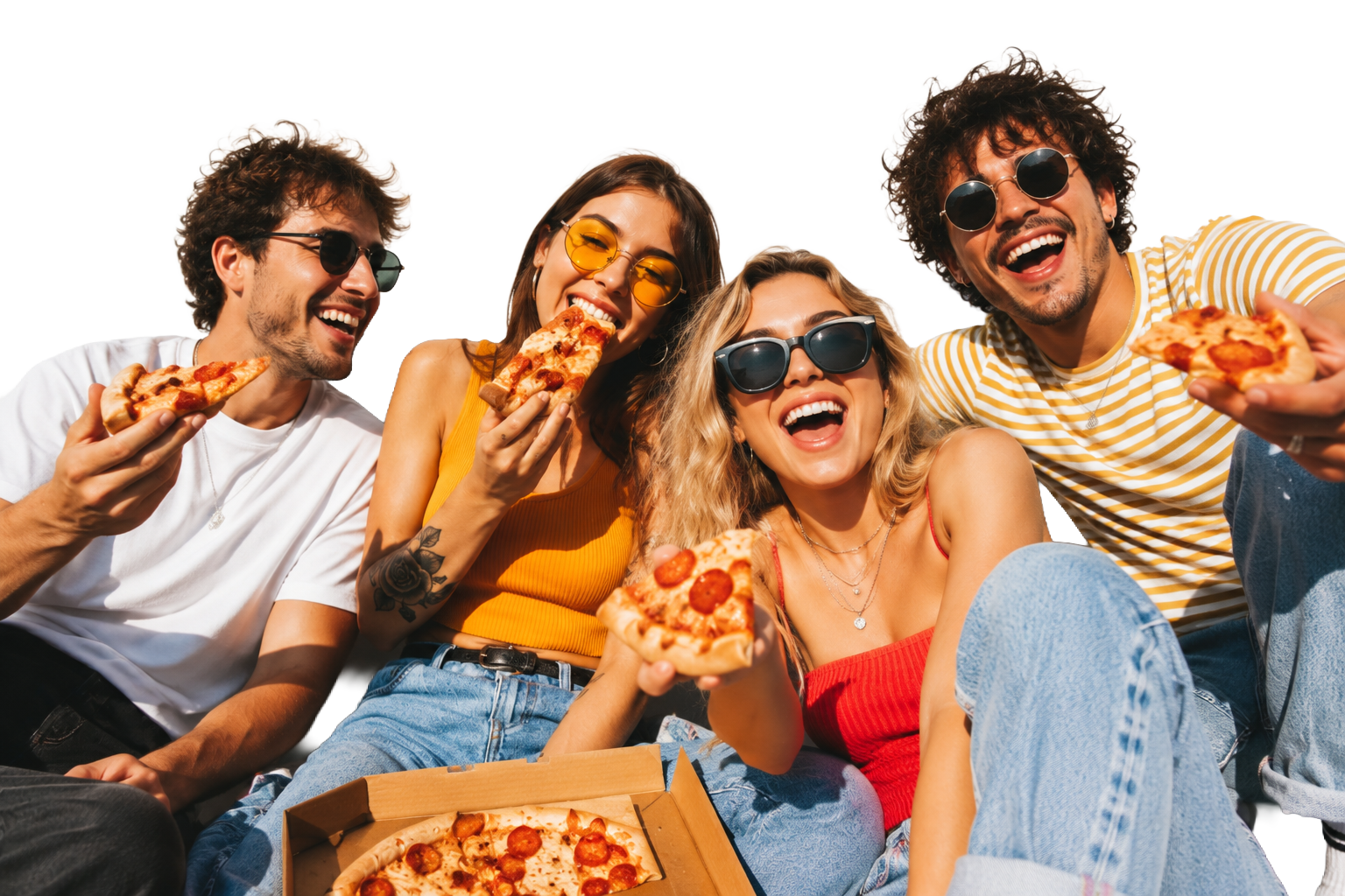 Four friends sharing a pizza