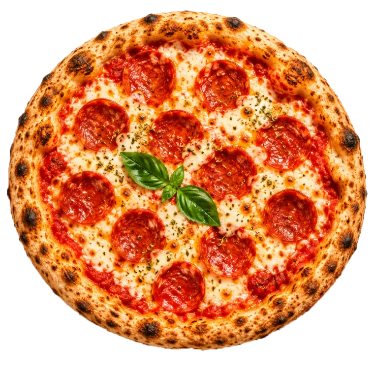 Wood-fired pepperoni pizza from above