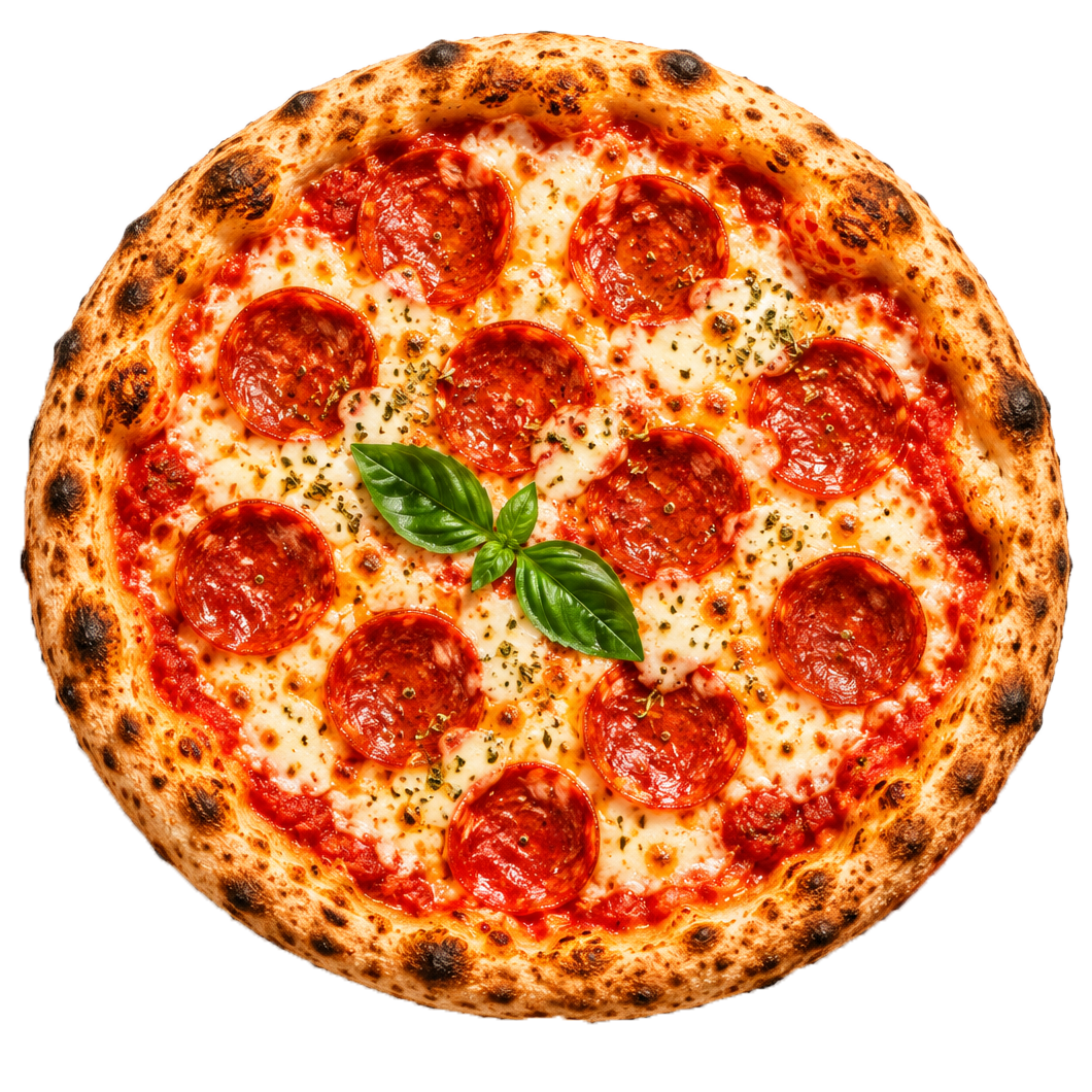 Wood-fired pepperoni pizza from above